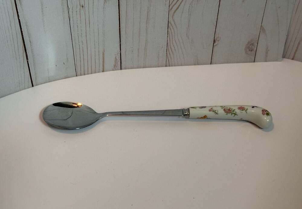 Vintage Sheffield England Serving Spoon, Porcelain Floral Handle